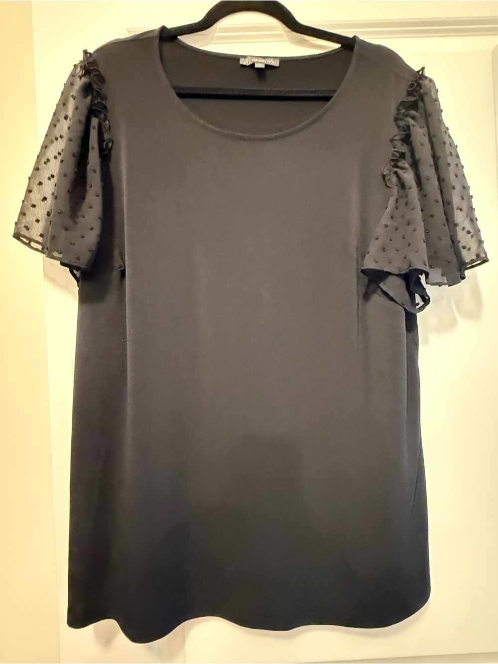 Adrianna Papell Black Short Sleeve shirt with Sheer Dot Ruffle Sleeves